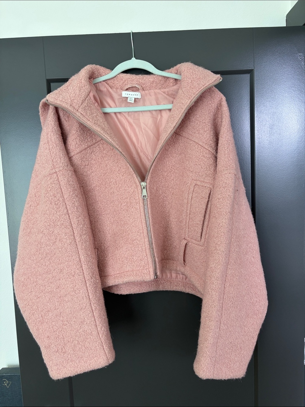 Topshop Dusty Pink Cropped Teddy Zip Jacket
